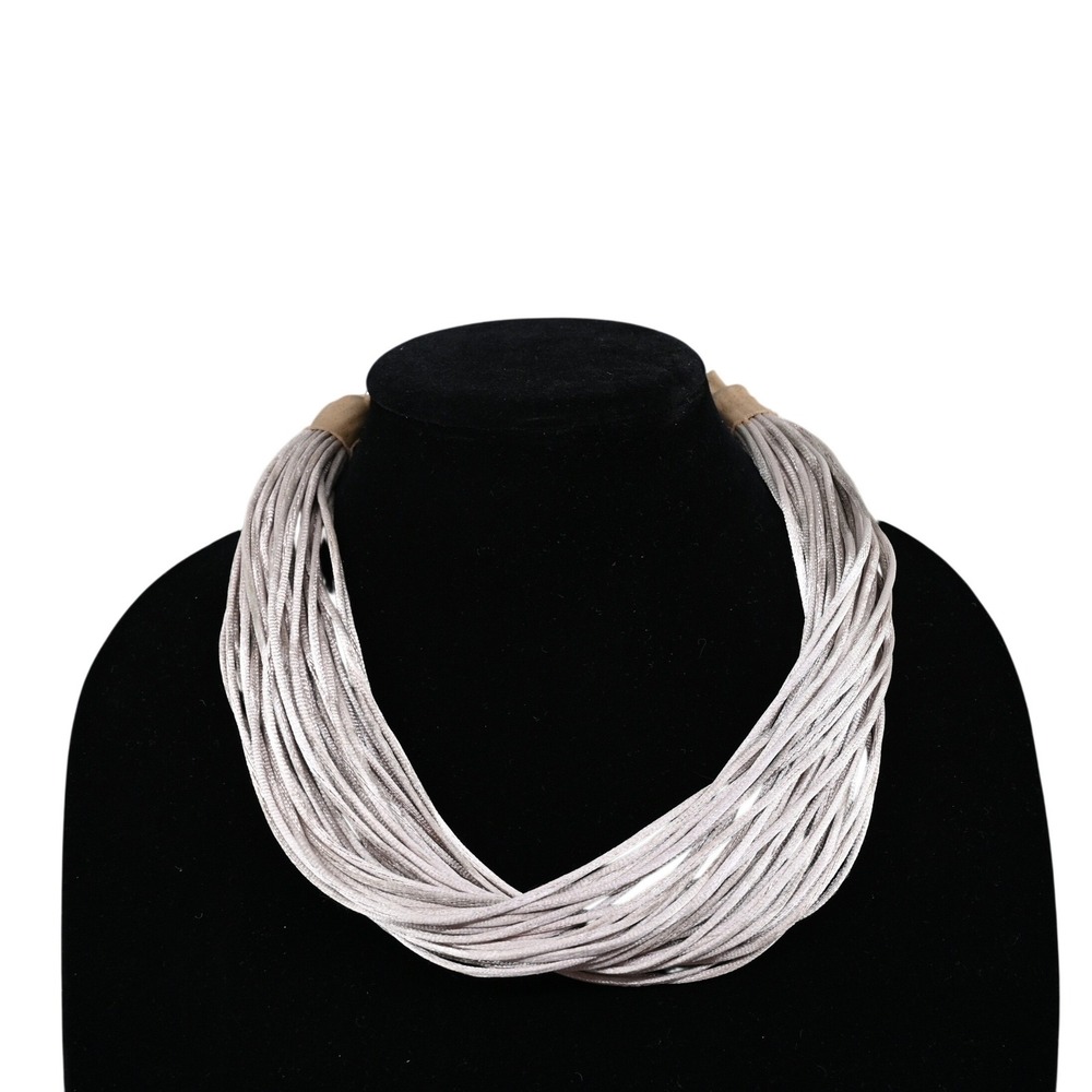 Multi Strand Cord Statement Necklace Silver Taupe Satin Fabric Adjustable 20"